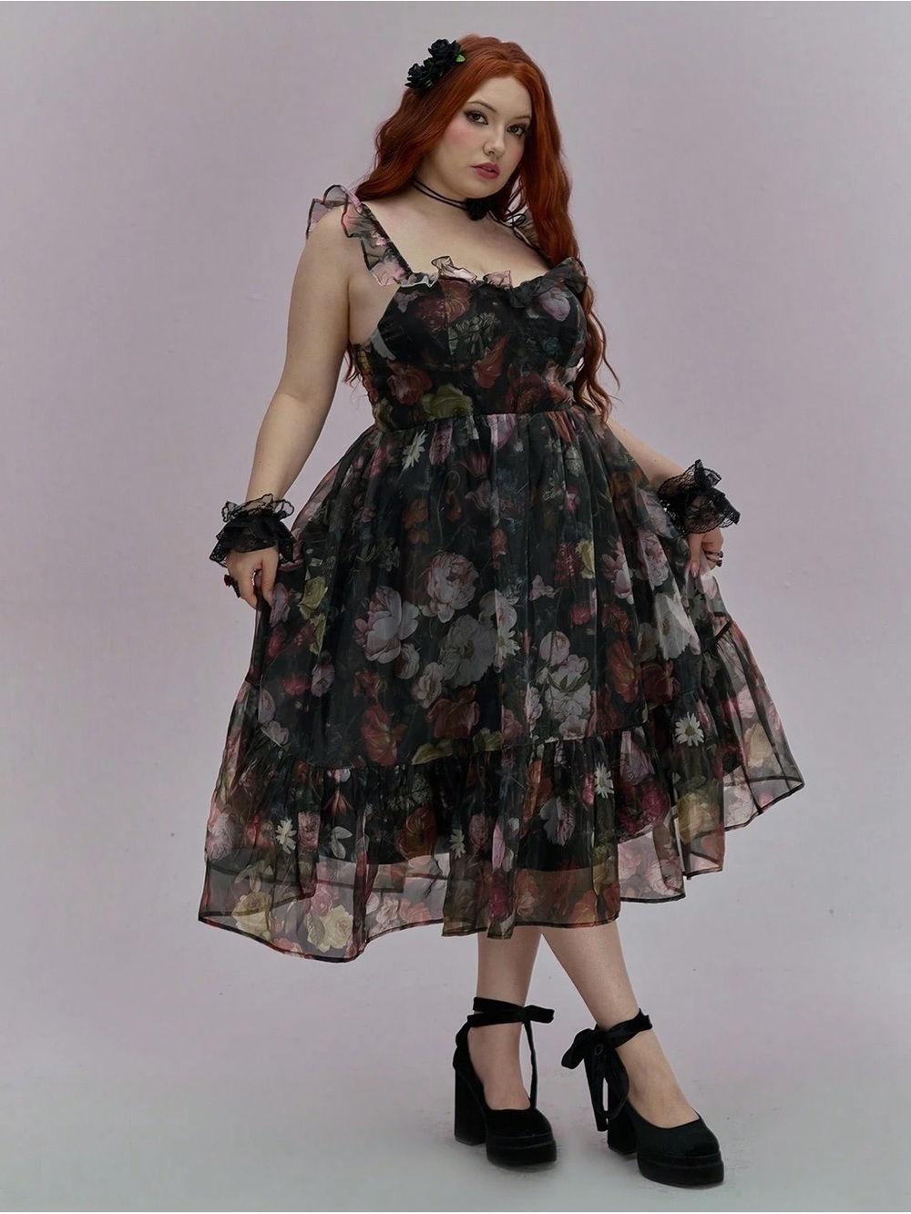 ROMWE Black Sheer Floral Tiered Dress with Pink and Orange Blooms - Picture 5 of 7